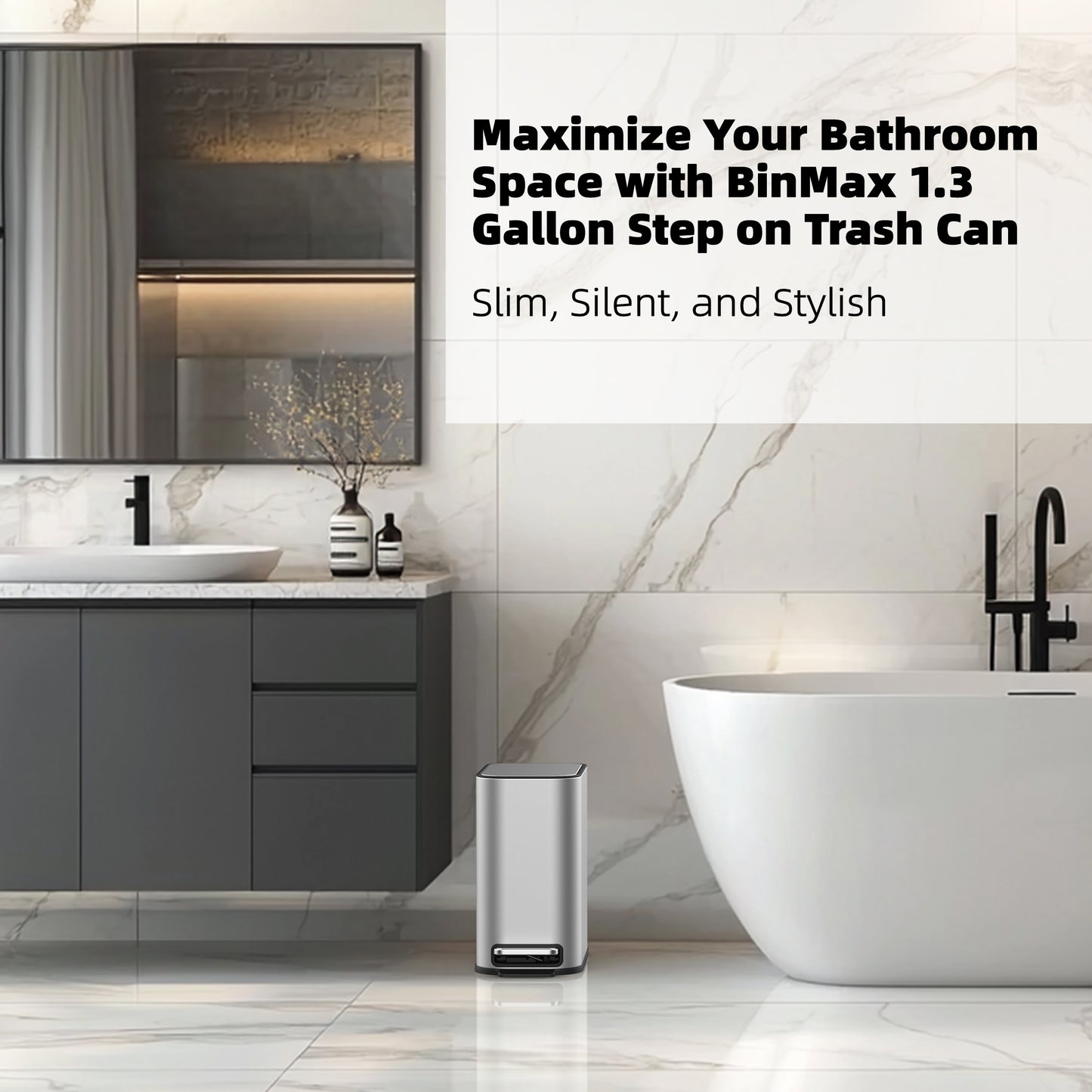 BinMax Step on Bathroom Trash Can 1.3 Gal Fingerprint Resistant Stainless Steel Trash Bin with Lid