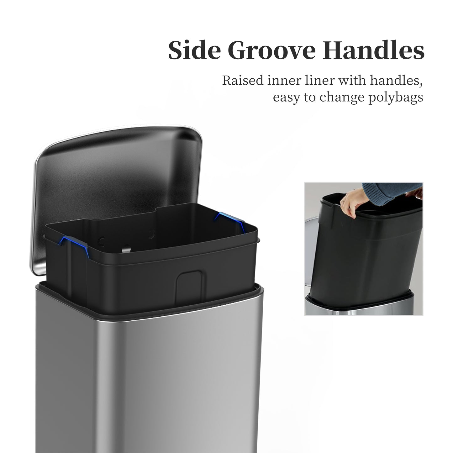 Cubo de basura de acero inoxidable BinMax de 40 litros con cierre suave y pisable para cocina, color plateado